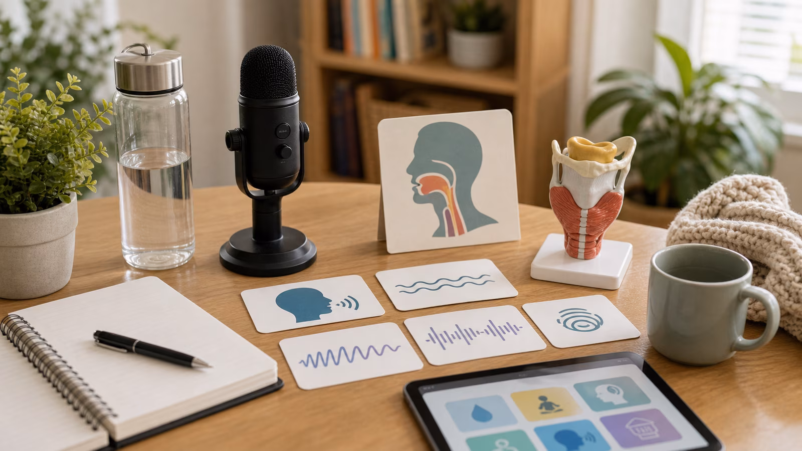 Microphone, water bottle, waveform cards, and voice model arranged for voice and resonance care.