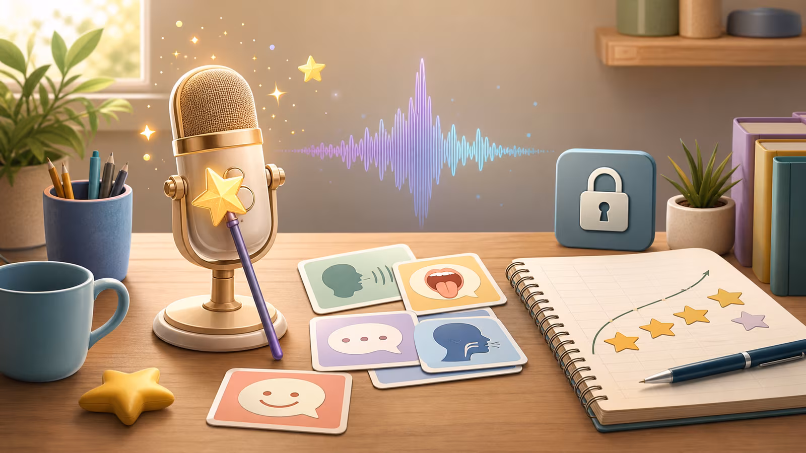 Speech Genie practice desk with wand microphone, waveform, privacy lock, prompt cards, and progress notebook.