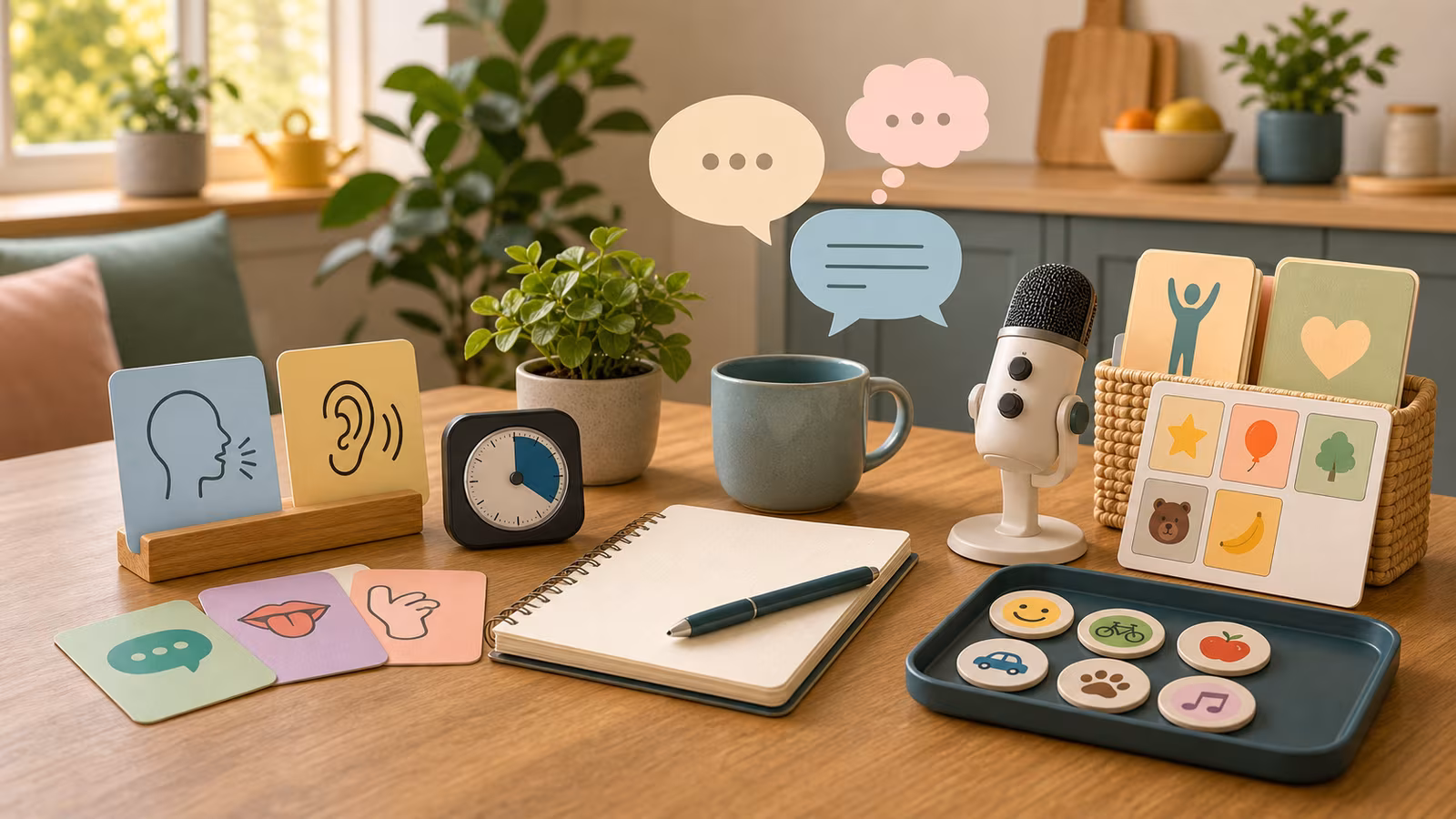 Supportive home speech practice setup with cue cards, notebook, timer, microphone, and communication cards.