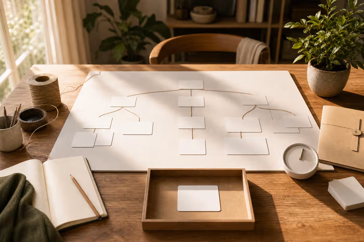 A large tabletop project map made from blank cards and string, with one empty first-action tray near a notebook and timer.
