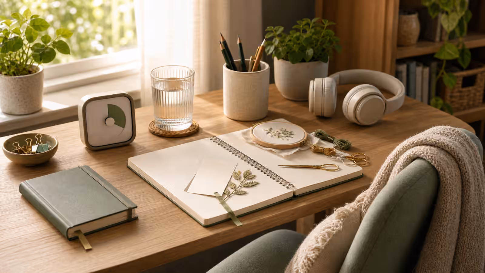 A calm desk with an unnumbered timer, water glass, headphones, notebook, and blank return card beside a paused craft task.