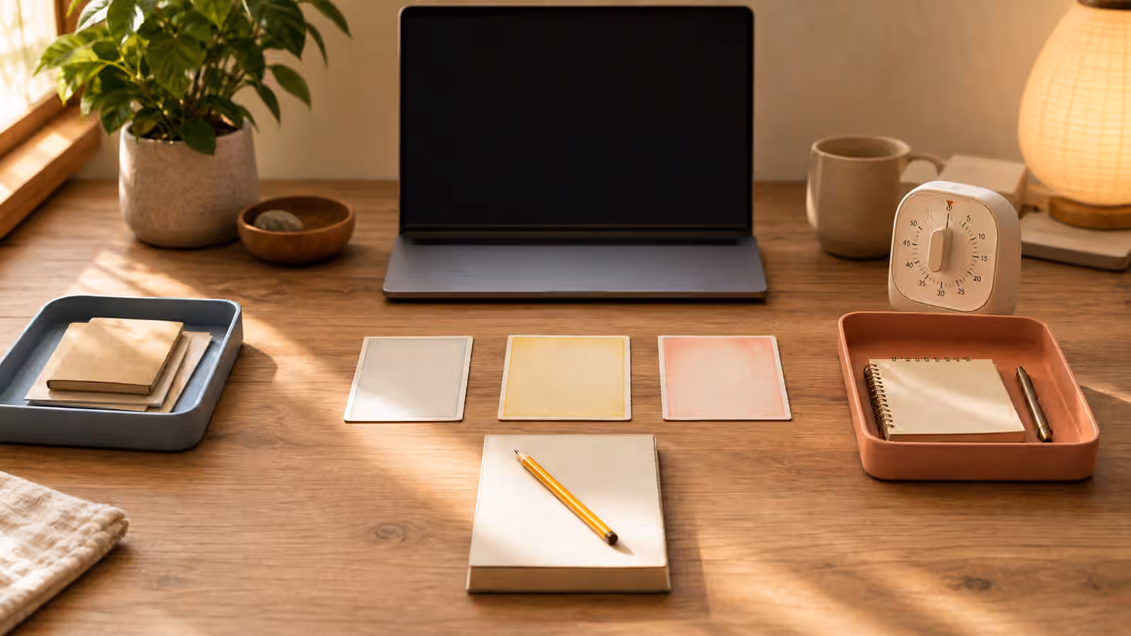 A desk with blank choice cards, trays, a timer, pencil, and one selected task object pulled forward.