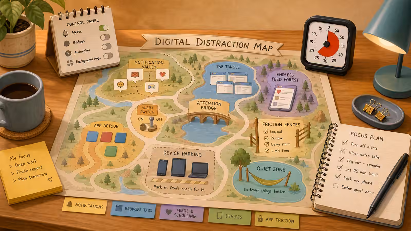 Phone notifications, browser tabs, feeds, switches, and quiet zones shown as a colorful controllable map on a desk.