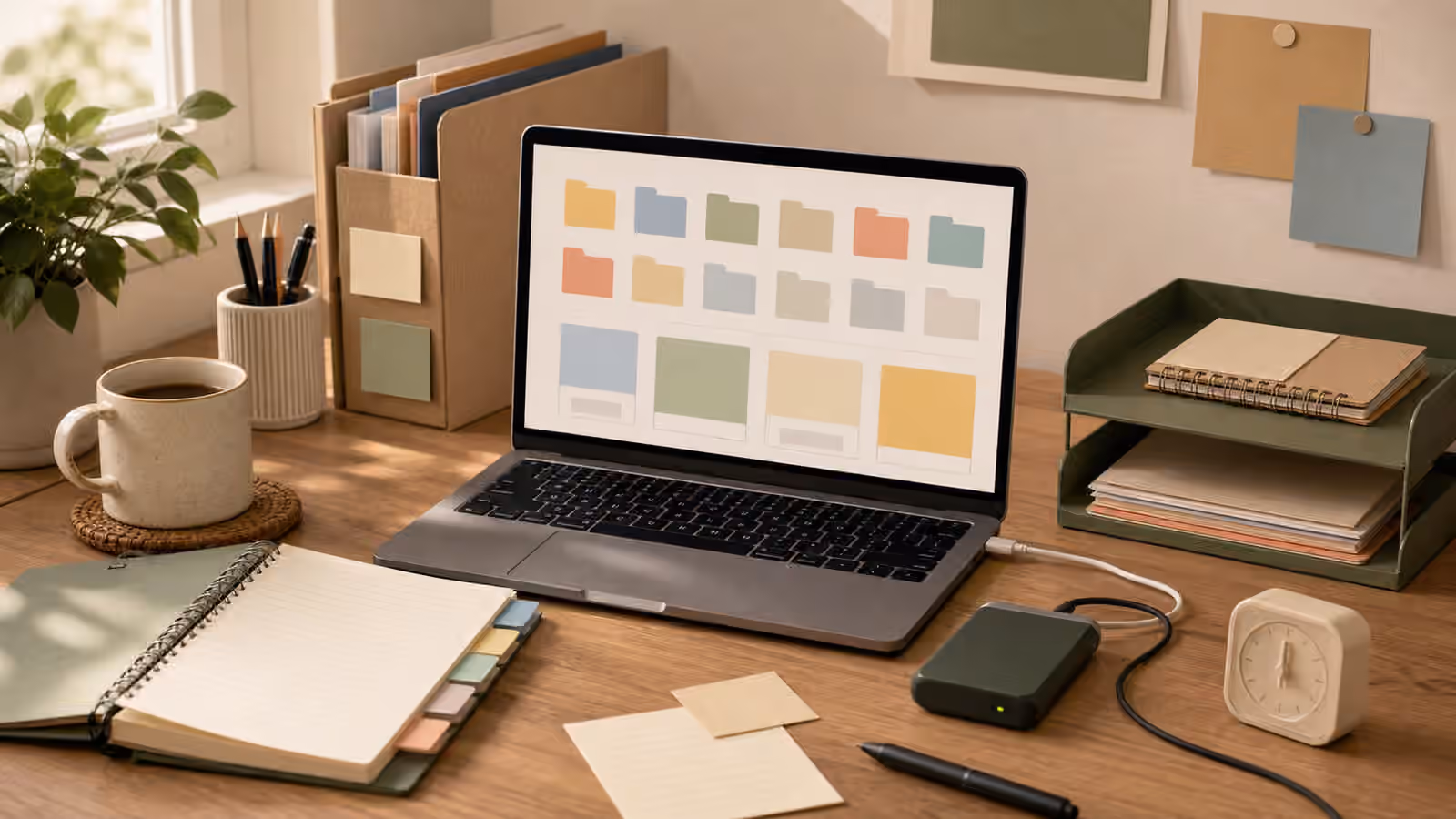 A tidy desk with a laptop showing blank folder blocks, paper trays, a notebook, an external drive, and a small timer.