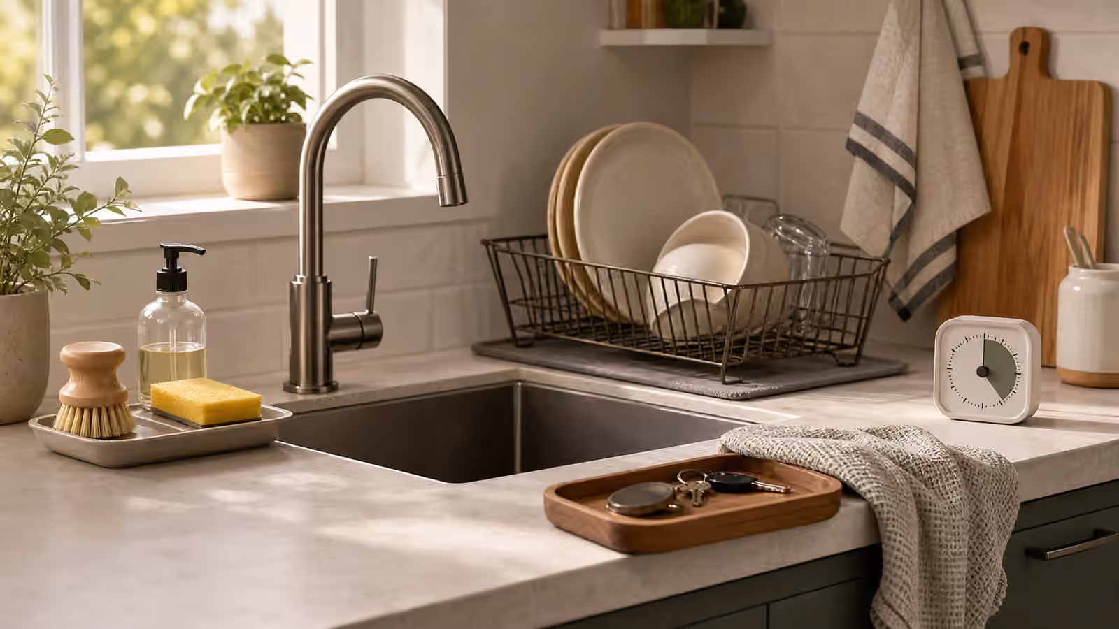 A calm kitchen sink with a clear wash zone, dish brush, towel, drying rack, small tray, and timer.