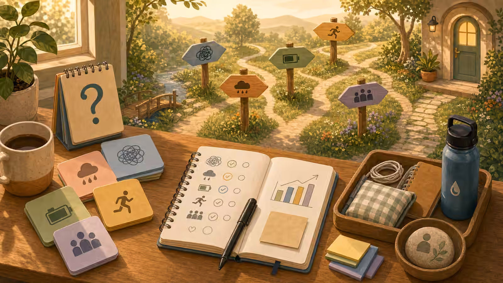 A warm desk and branching path with question cards, observation notebook, symbolic guideposts, and a friendly professional support doorway.