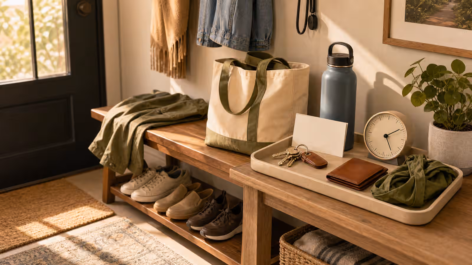 An entryway bench with tote bag, shoes, keys, wallet, reusable bag, clock, blank route card, water bottle, and errand tray.