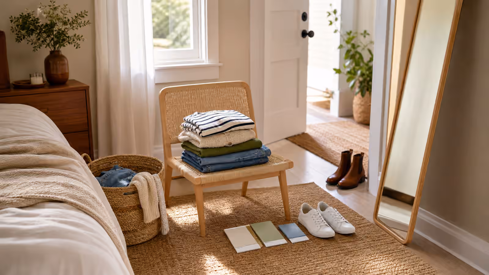 A tidy bedroom corner with folded clothes on a chair, shoes near the doorway, a laundry basket, and soft daylight.