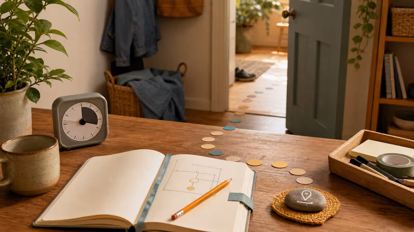A desk and doorway with an open notebook, timer, pencil, tray, and small markers forming a path back to a paused task.