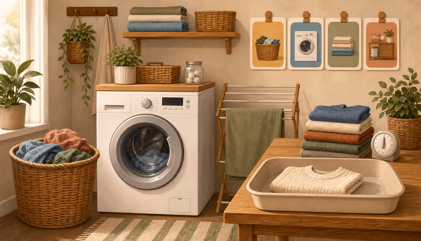 A tidy laundry corner with basket, washer, drying rack, folded towels, timer, blank cue cards, and landing tray.