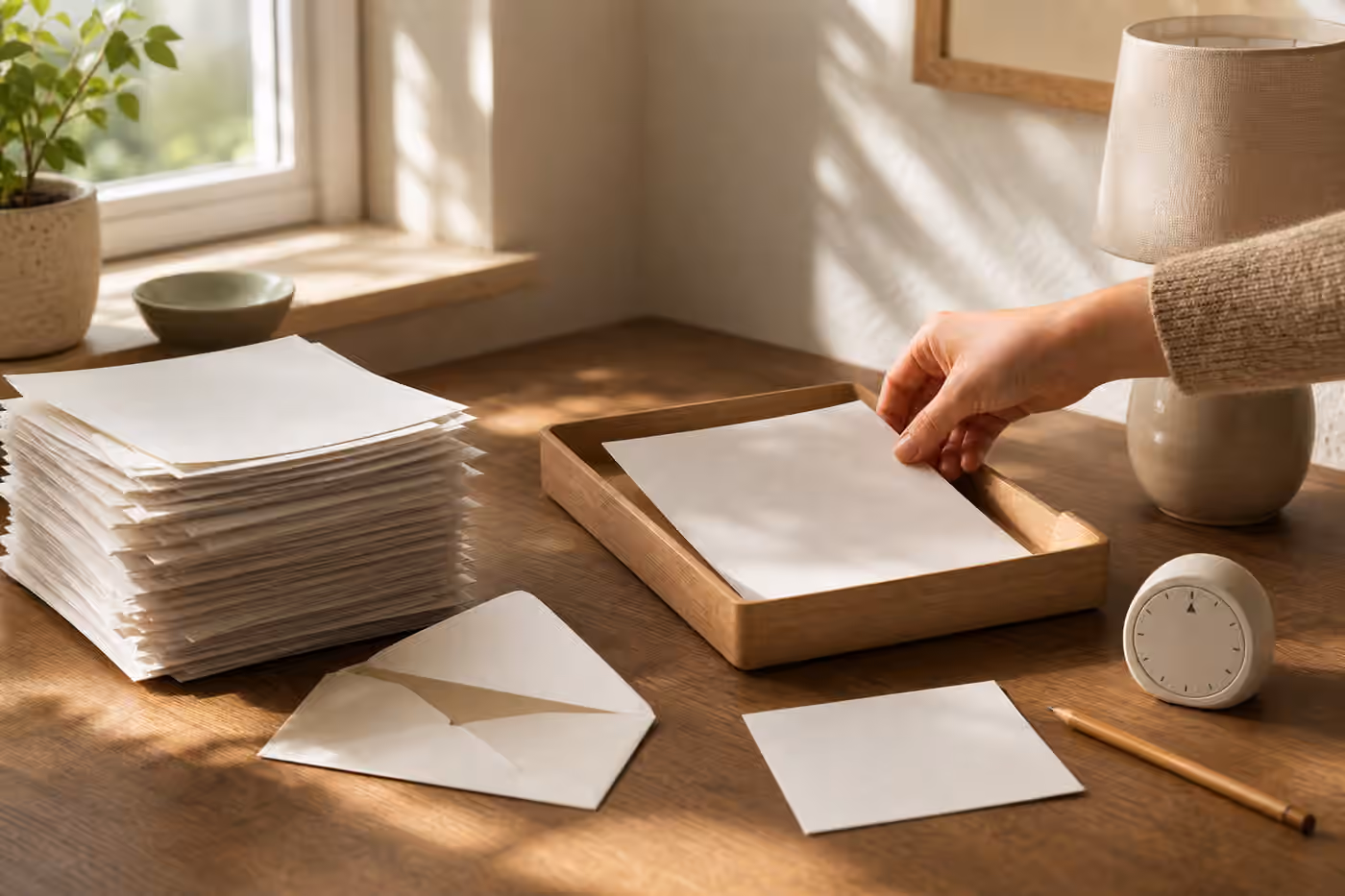 A calm desk where one blank paper is moved from a larger stack into a wooden tray beside an envelope, pencil, and timer.