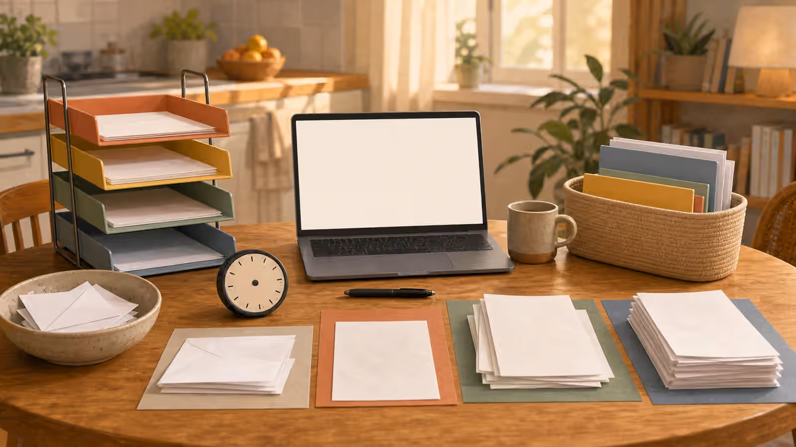 A paperwork start station with blank envelopes, trays, a laptop with a blank screen, a timer, folders, and separated paper stacks.