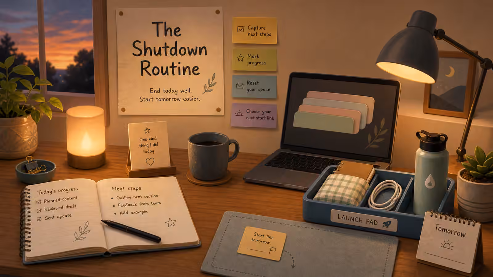 A desk closing ritual with a next-step note, parked tabs, tidy launch pad tray, notebook, lamp, and evening light.