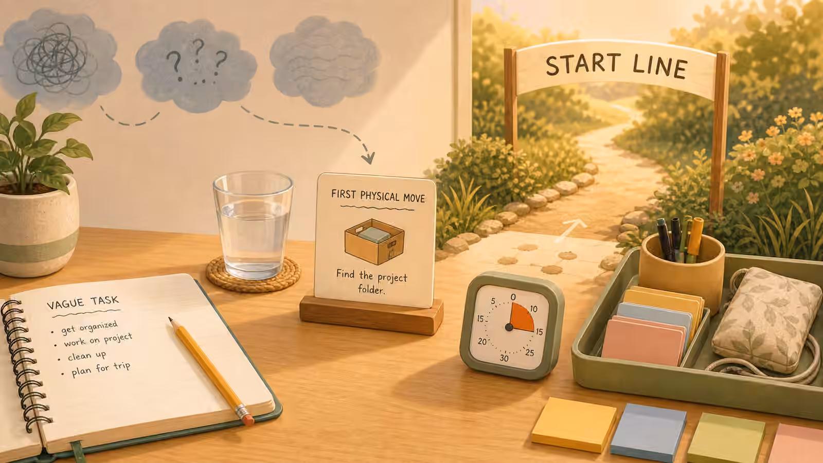 A highlighted action card at the beginning of a friendly path with an open notebook, timer, and materials tray.