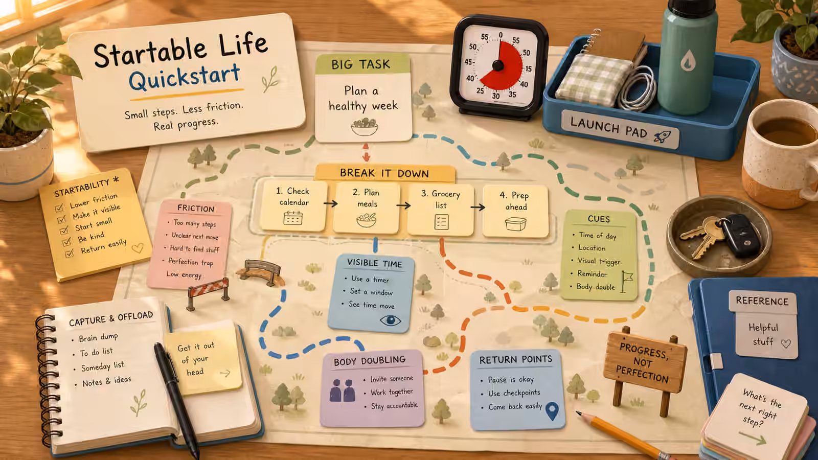 A tabletop map of tasks becoming smaller action cards beside a timer, launch pad tray, notebook, and everyday supplies.