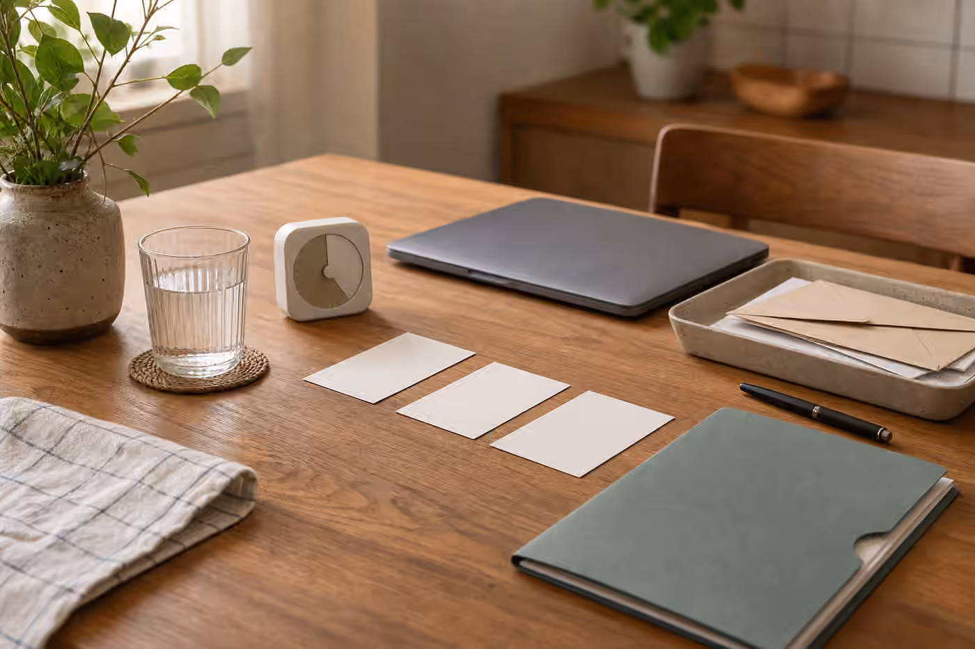 A kitchen table with three blank task cards, envelopes, a closed laptop, tray, pen, water glass, timer, and stopping folder.