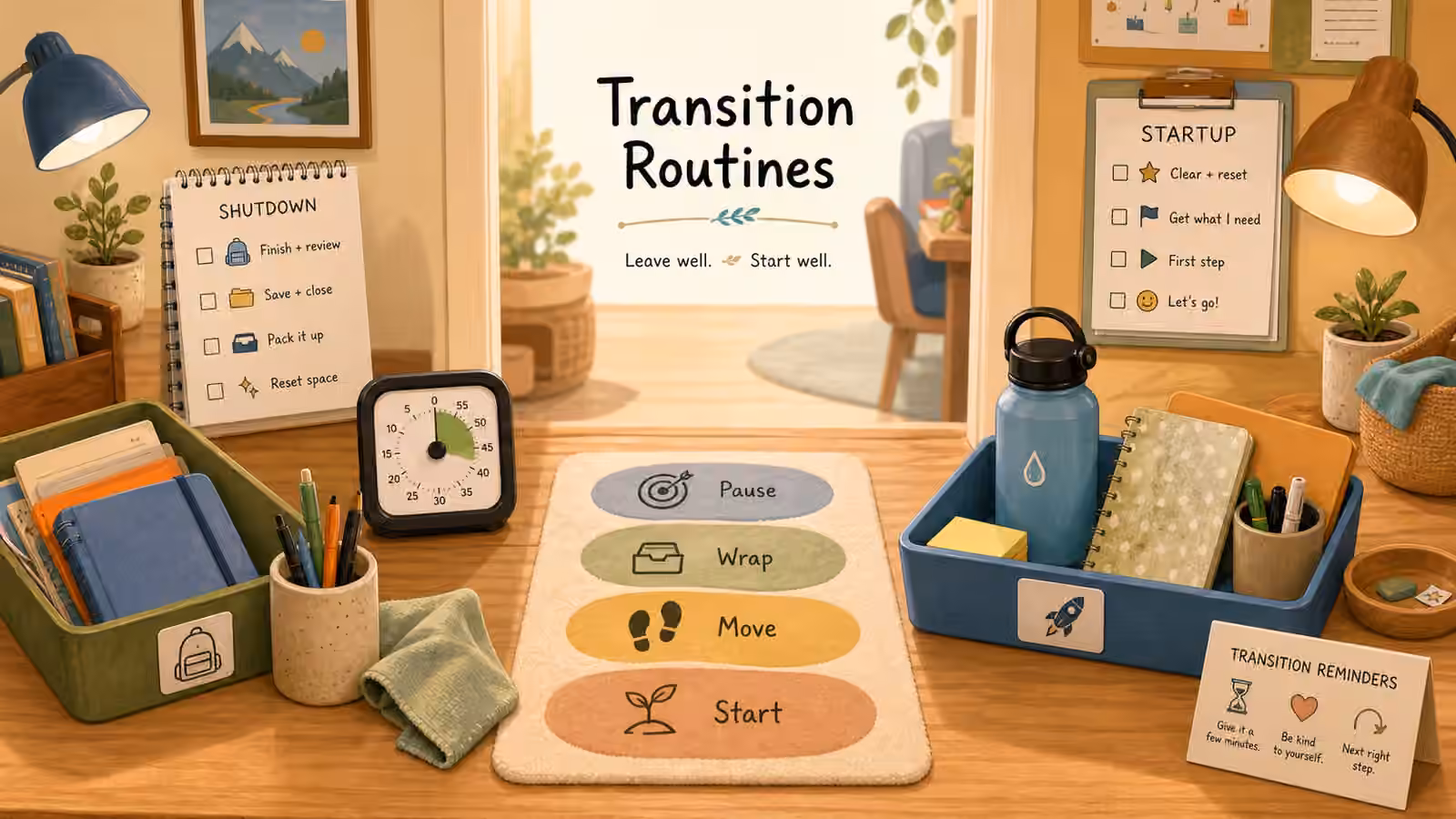 A doorway between two activity zones with a timer, packing tray, reset cloth, water bottle, and startup cards.
