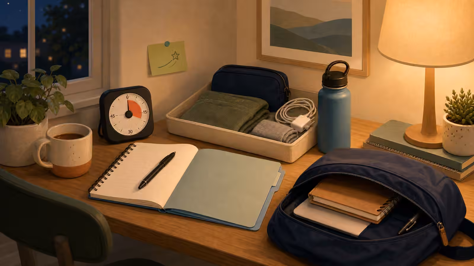 Tomorrow's materials staged neatly in evening light with a notebook, folder, bag, charger, timer, and supply tray.