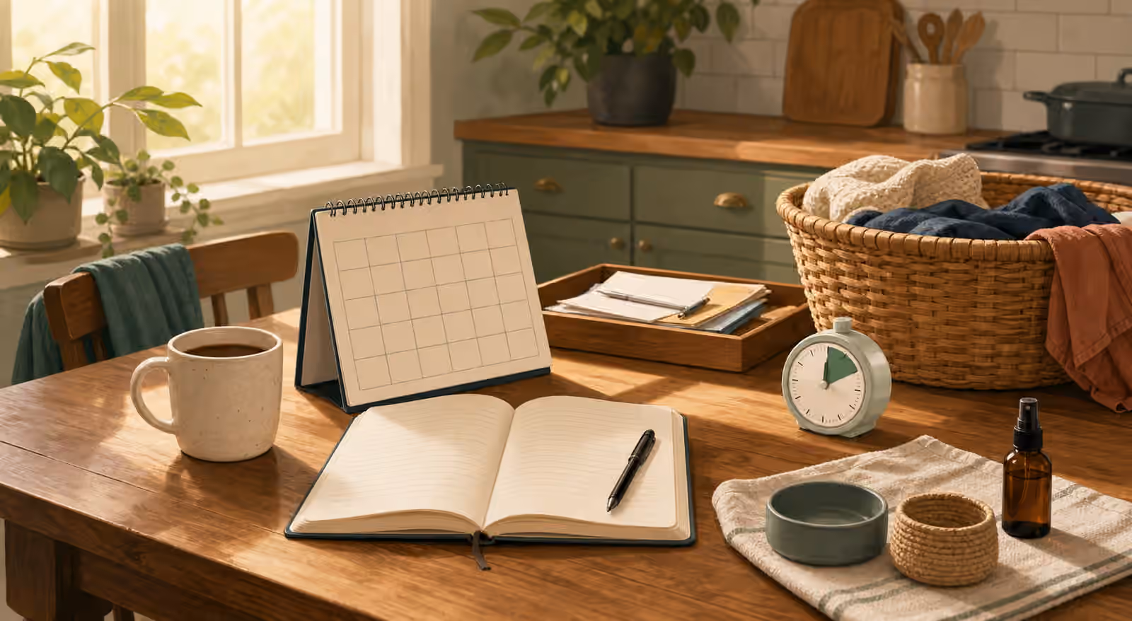 A quiet weekend table with blank calendar grid, laundry basket, paper tray, notebook, timer, mug, and small reset objects.