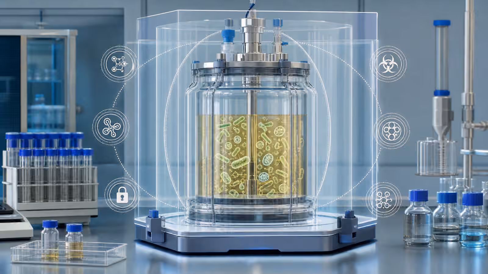 A sealed synthetic biology culture vessel surrounded by transparent containment layers, sample vials, and stylized safeguard icons.