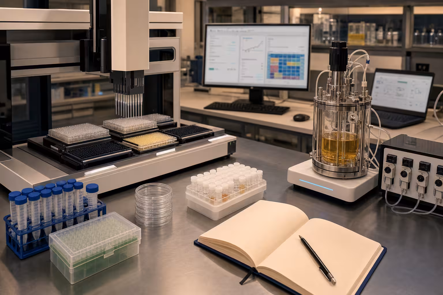 A biofoundry automation workbench with a robotic pipette station, microplates, sealed sample tubes, small fermenter, blank notebook, and unreadable lab screens.