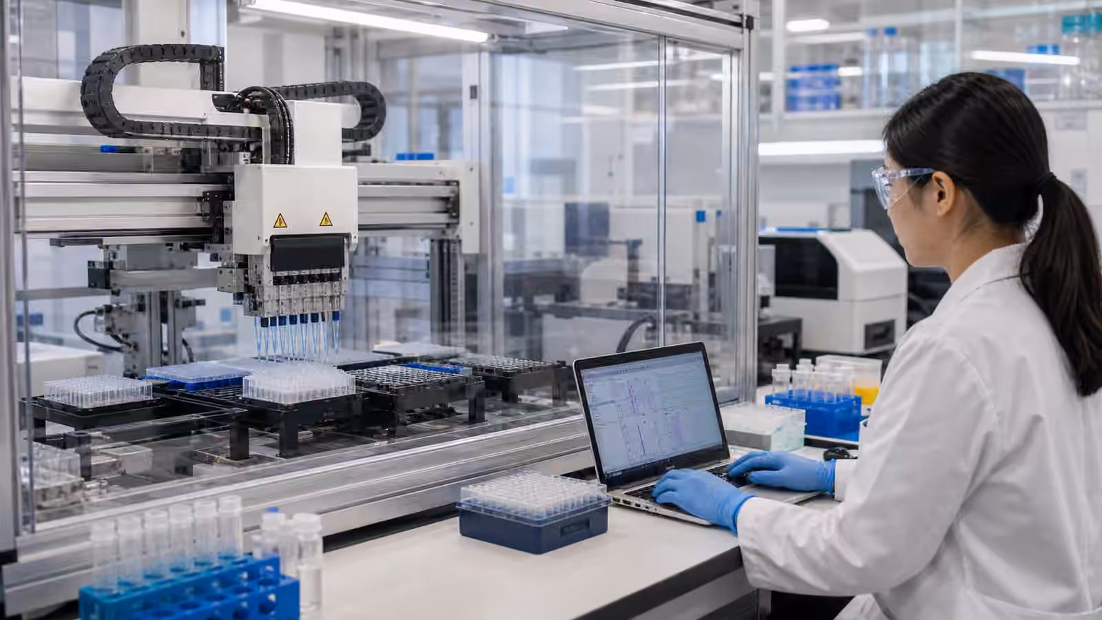 An automated biofoundry workcell moves sealed microplates while a technician supervises the robotic lab workflow