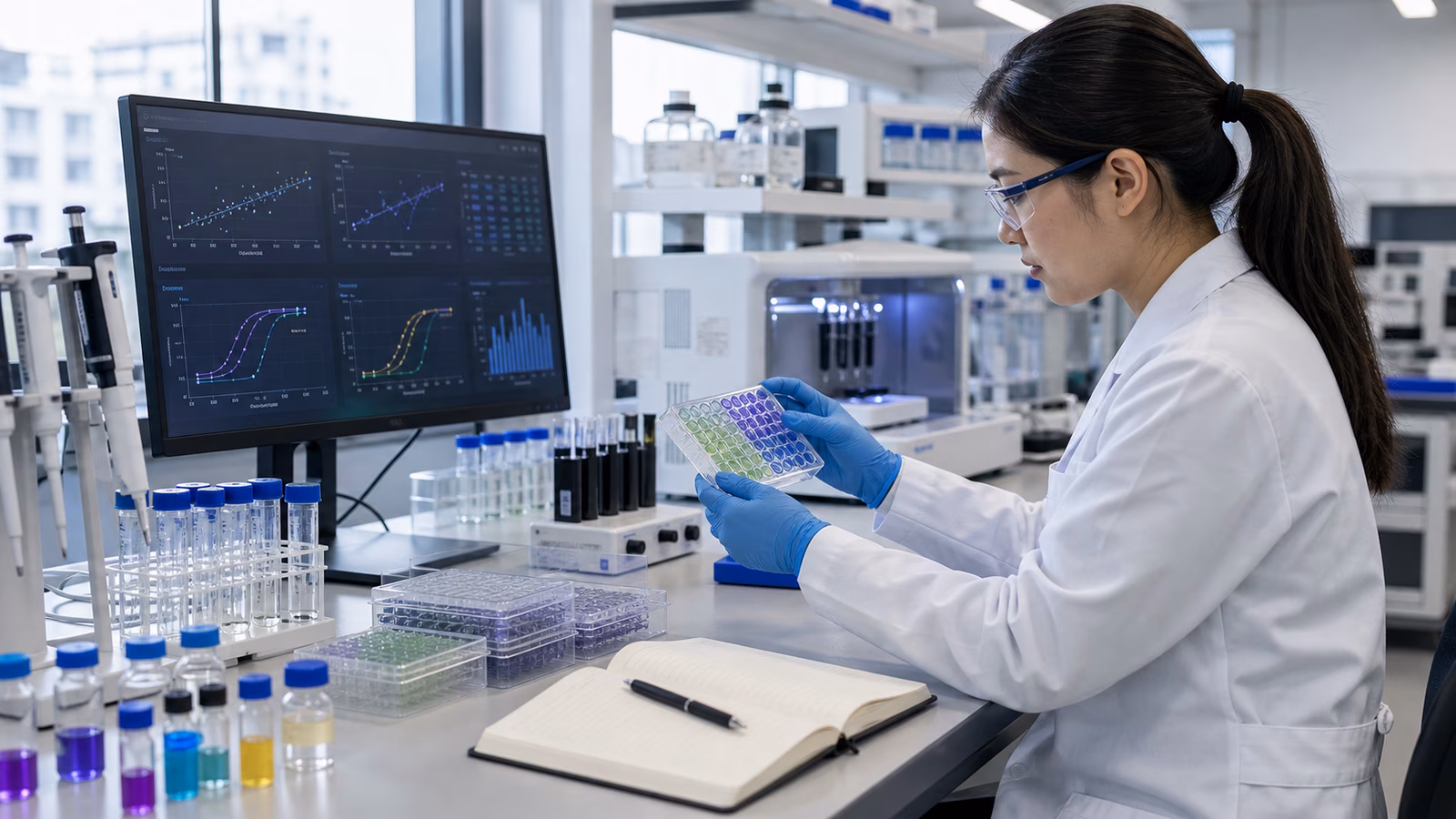 A scientist in a clean biofoundry reviewing measurement results beside sealed microplates, calibration samples, pipettes, and organized lab data screens.