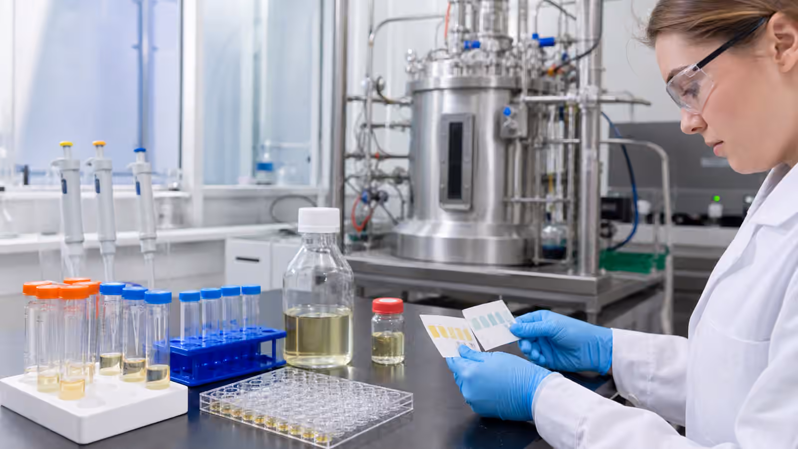 Bioprocess quality control bench with sample vials and microplates