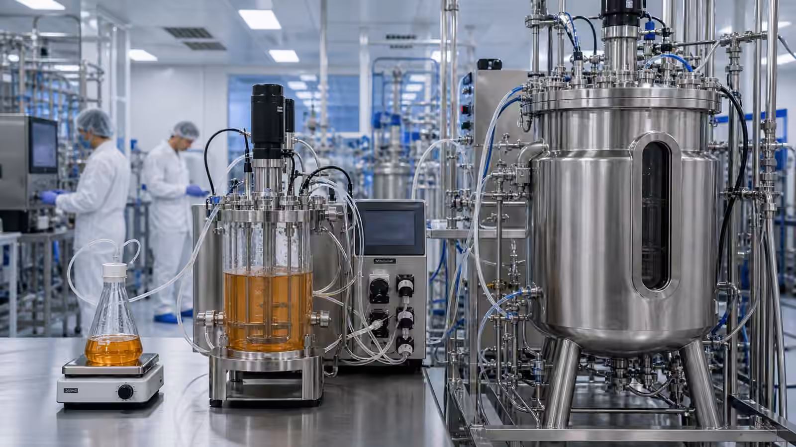 A process lab connects a shake flask, benchtop bioreactor, and larger pilot tank to show scale-up from bench to factory
