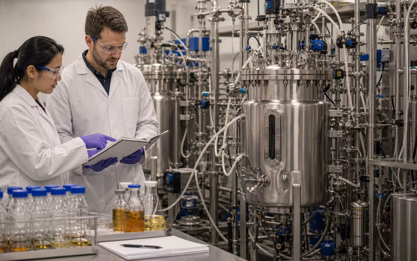 A biotechnology pilot plant with stainless steel bioreactors, sealed tubing, sample bottles, safety labels without readable text, and engineers reviewing a process notebook.