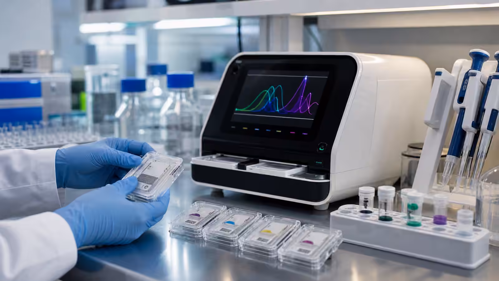 A contained diagnostic research bench with sealed cartridges, control samples, and a compact reader showing abstract signals