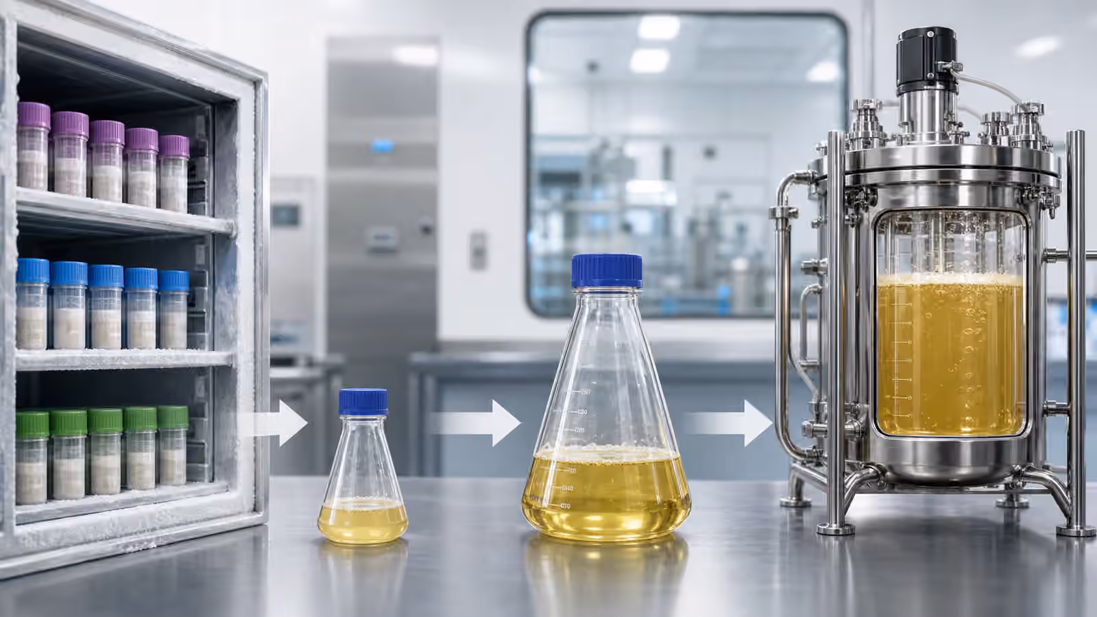 A clean biomanufacturing room showing preserved sample vials, starter flasks, and a compact bioreactor in a seed train progression.