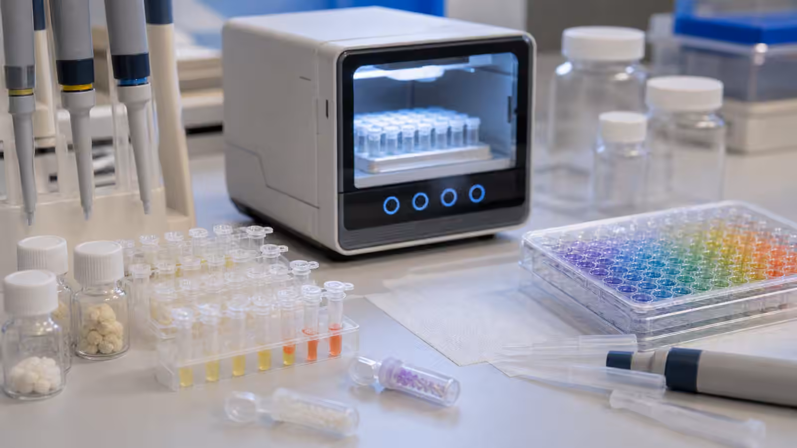 A cell-free synthetic biology bench with sealed reaction tubes, freeze-dried reagents, pipettes, and colored reaction wells