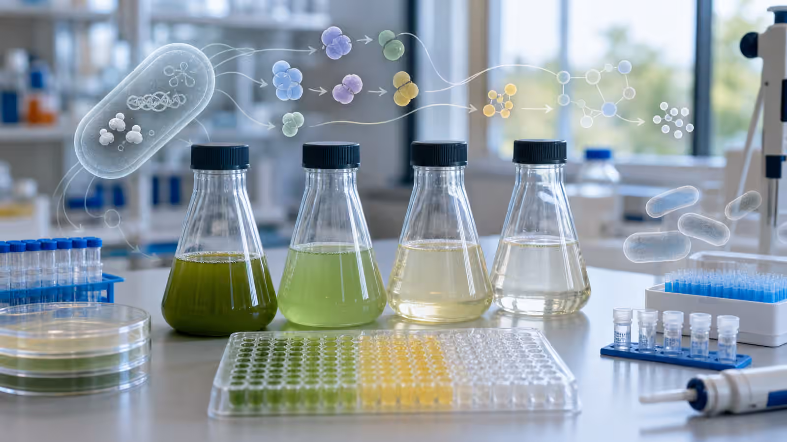 Engineered microbial cultures on a clean synthetic biology bench with abstract cellular resource flows above them.