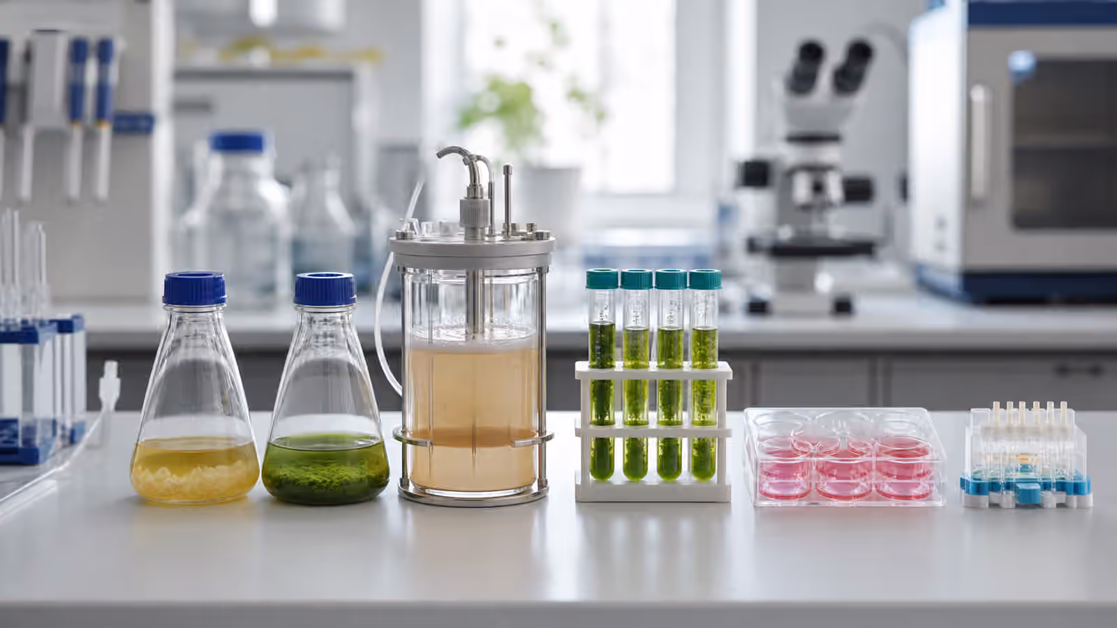 A clean synthetic biology bench comparing sealed microbial flasks, algae tubes, mammalian cell culture plates, and cell-free reaction cartridges as possible chassis platforms.