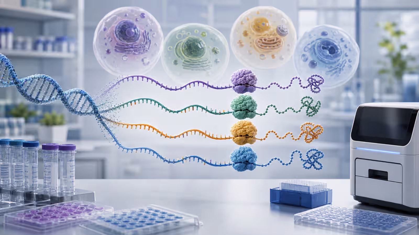 A synthetic biology bench with DNA and RNA ribbons flowing toward molecular translation machinery beside stylized host cells.