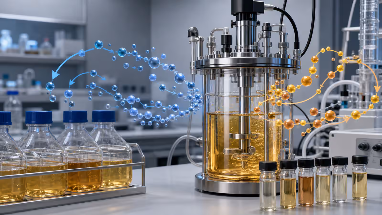 A compact bioreactor and sealed culture flasks surrounded by blue and amber molecular flow streams.