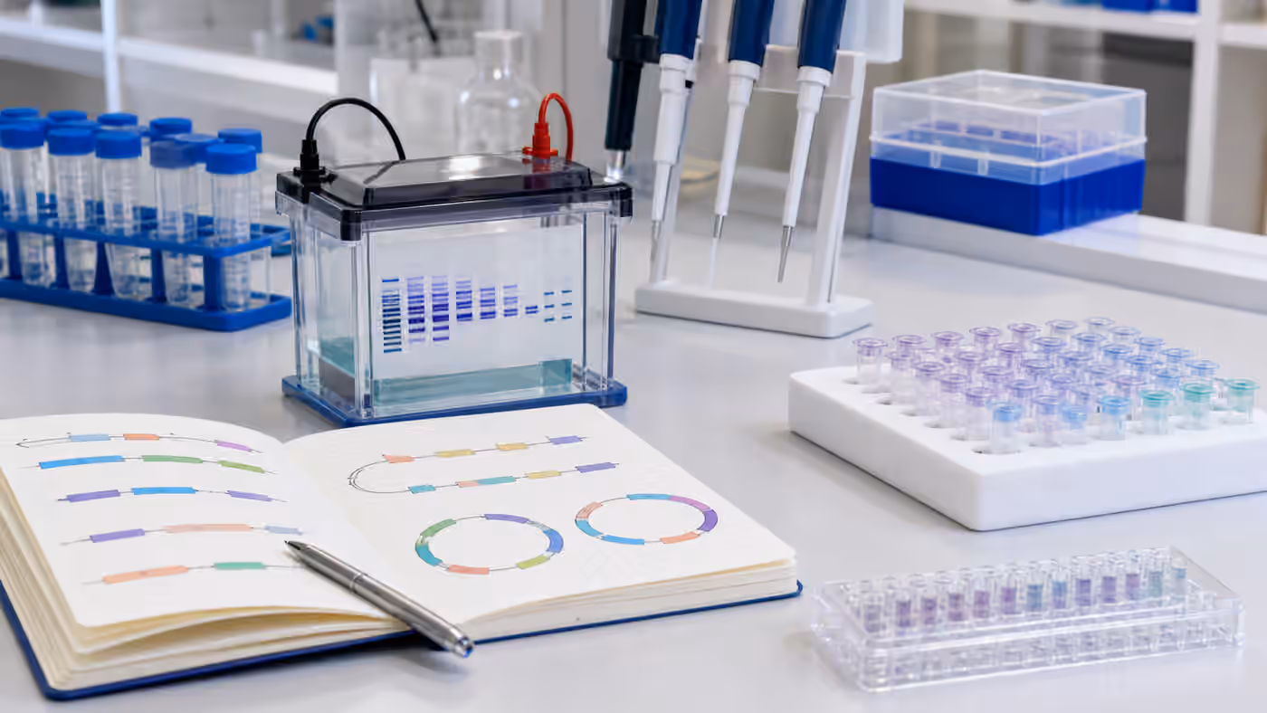 A clean synthetic biology bench with DNA sample tubes, an abstract gel box, pipettes, and unlabelled construct diagrams.