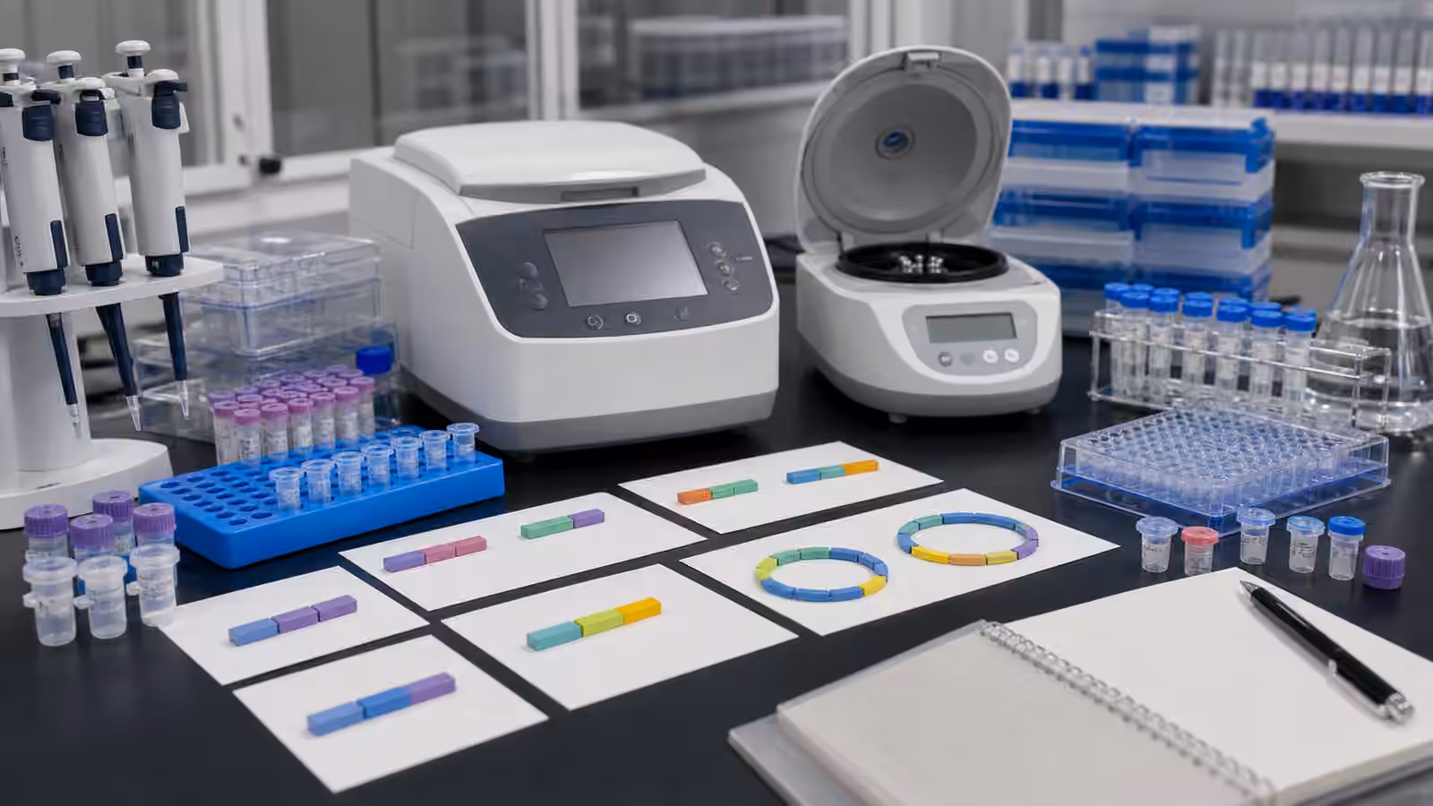 A DNA assembly workflow bench with sample tubes, a thermocycler, pipettes, and modular construct pieces on blank cards