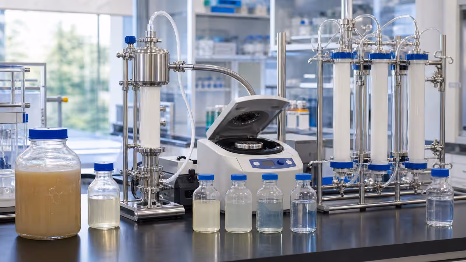A clean bioprocess purification bench with sealed broth samples, filtration equipment, compact columns, stainless tubing, and clear product bottles.