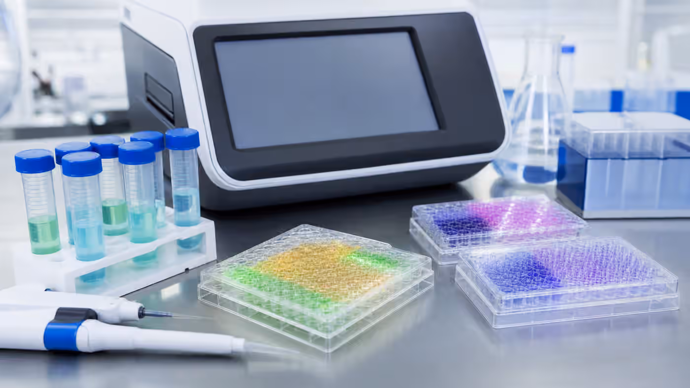 A synthetic biology assay bench with microplates, colored control wells, sample tubes, pipettes, and a blank instrument screen.