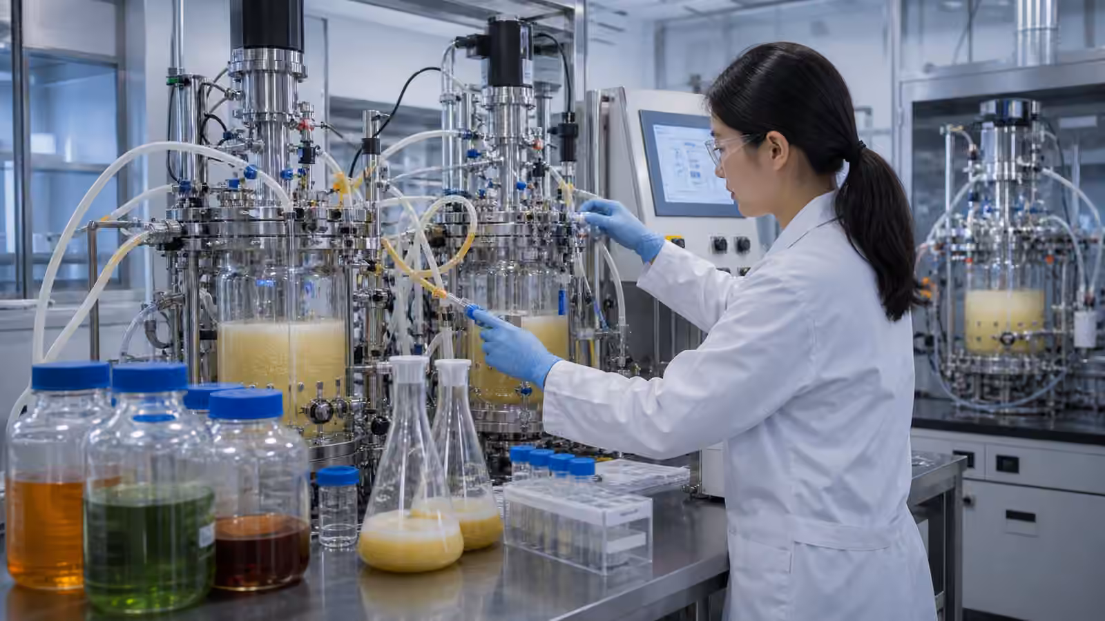A controlled fermentation lab where sealed bioreactors and product containers represent engineered microbes making useful molecules