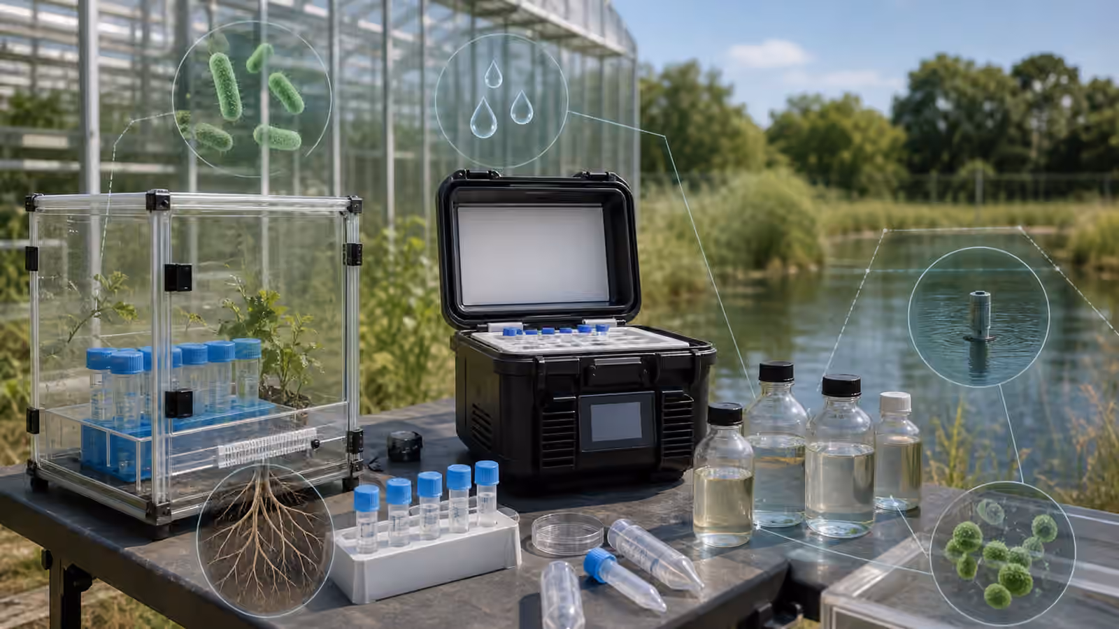 A contained environmental testing station with sealed samples, water bottles, field equipment, and greenhouse wetlands nearby.