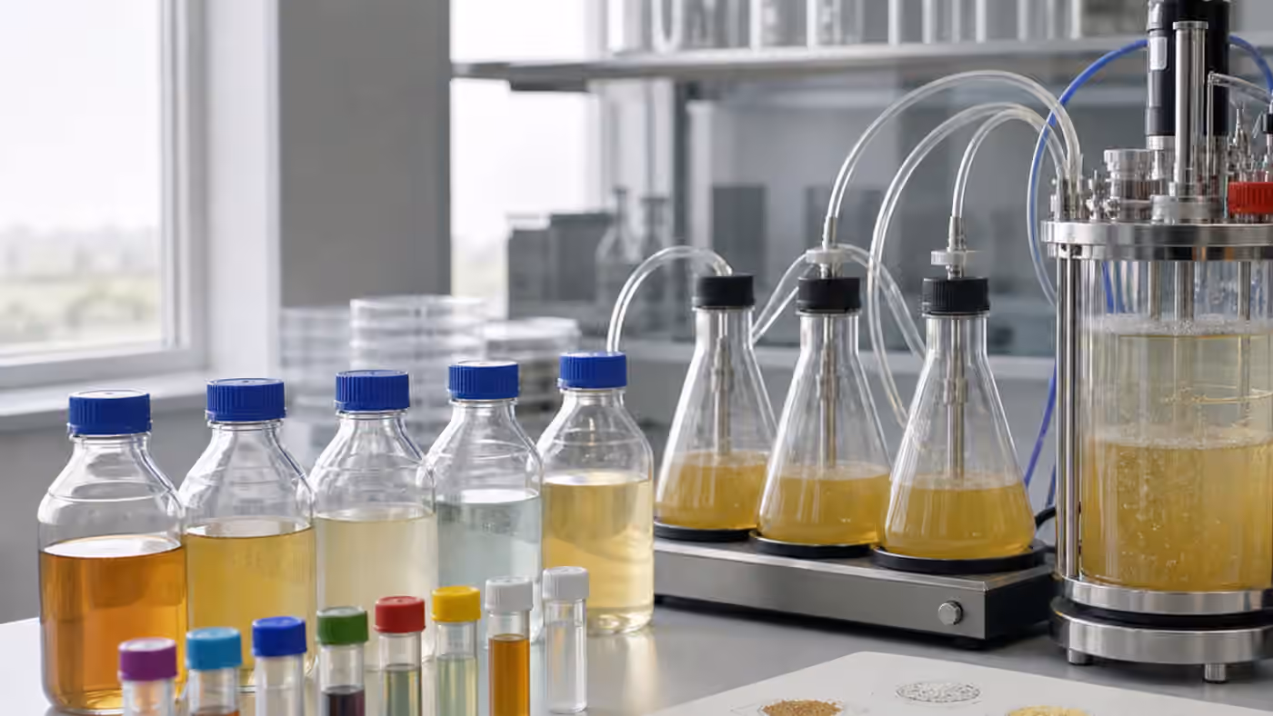 A clean fermentation media development bench with nutrient bottles, shake flasks, sample vials, tubing, and a small bioreactor.