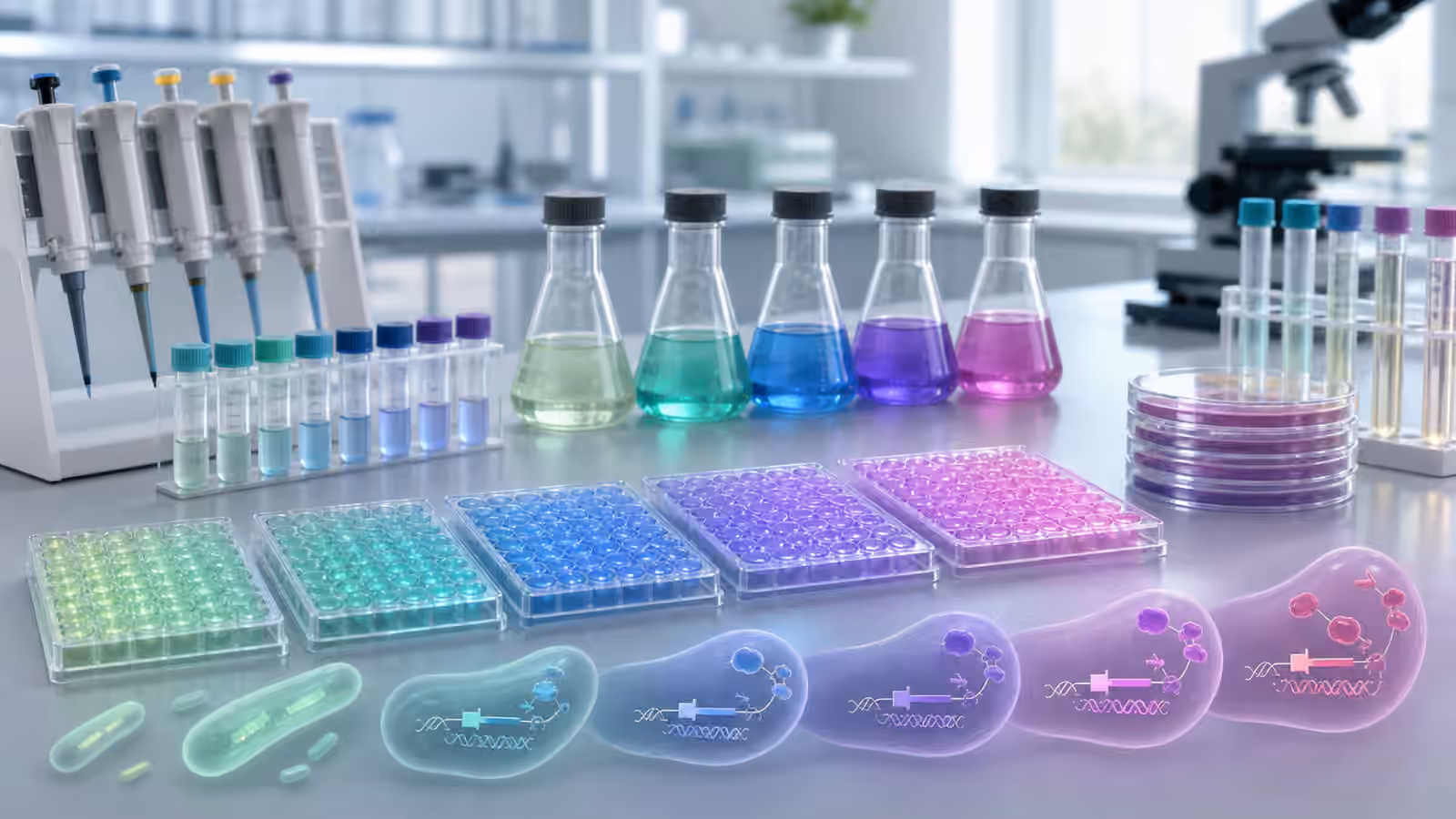 A clean synthetic biology bench with microplates, culture flasks, sealed tubes, and stylized cells showing different fluorescence levels.