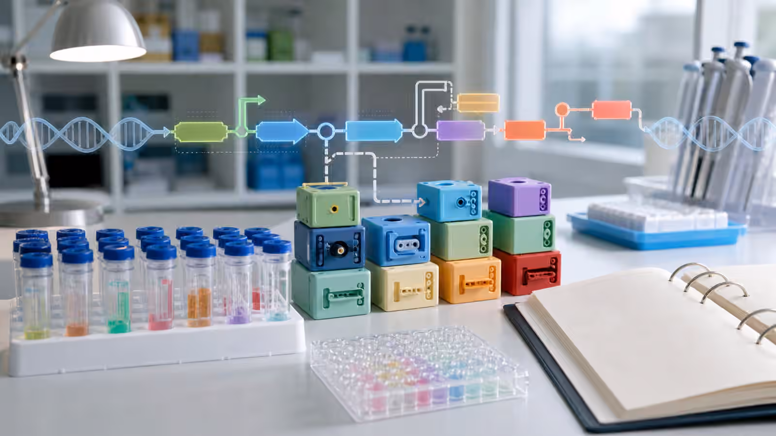 An organized synthetic biology bench with sealed DNA samples, modular lab blocks, and abstract genetic part overlays.
