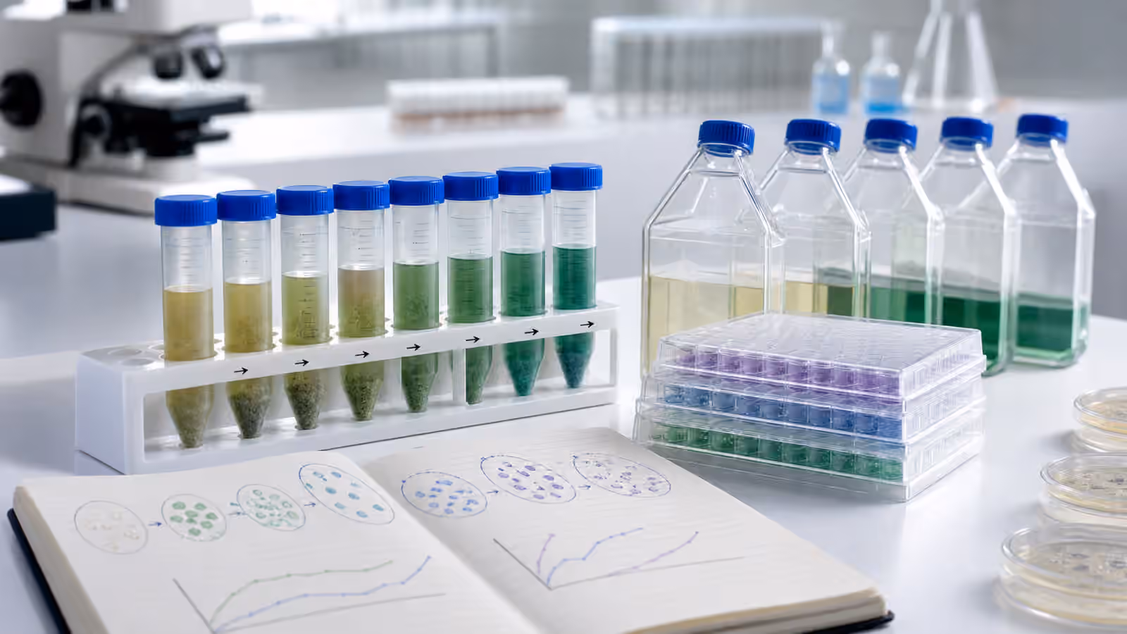 A synthetic biology bench with time-course sample tubes, microplates, culture flasks, and a notebook sketch of changing cell populations.