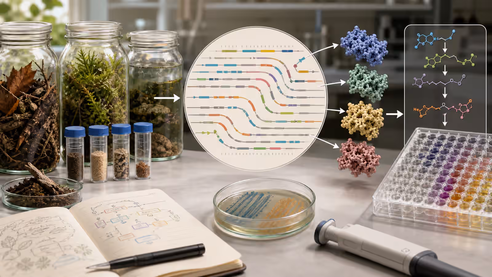 A synthetic biology bench showing natural samples, a stylized genome map, enzyme structures, and a contained microplate assay.