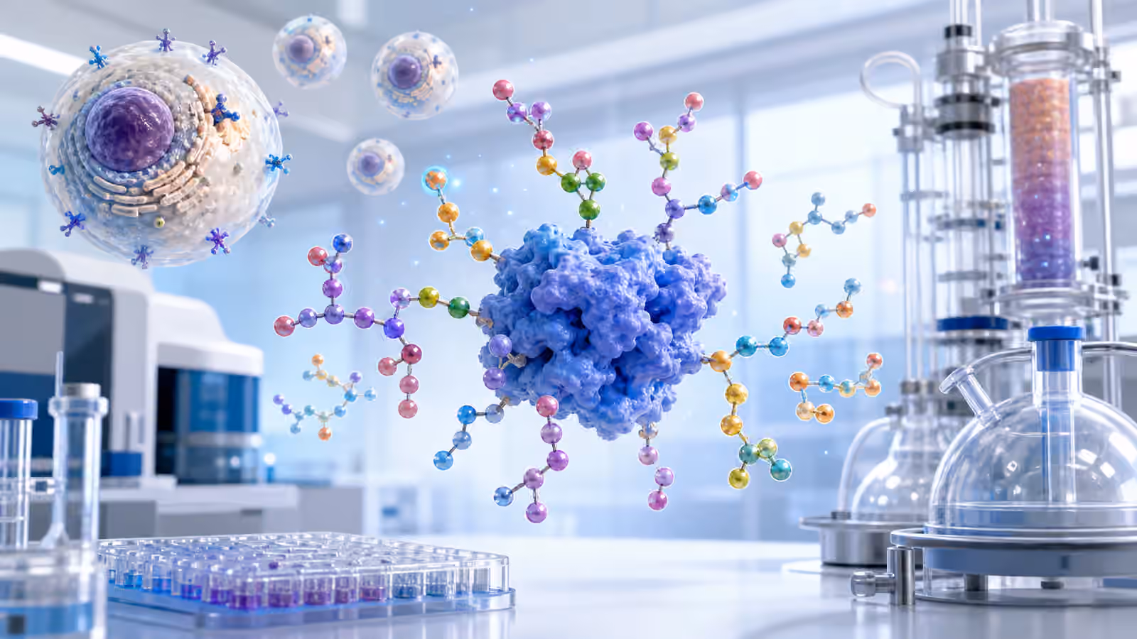 Stylized engineered proteins decorated with branching sugar structures beside sealed lab vessels and analytical equipment.
