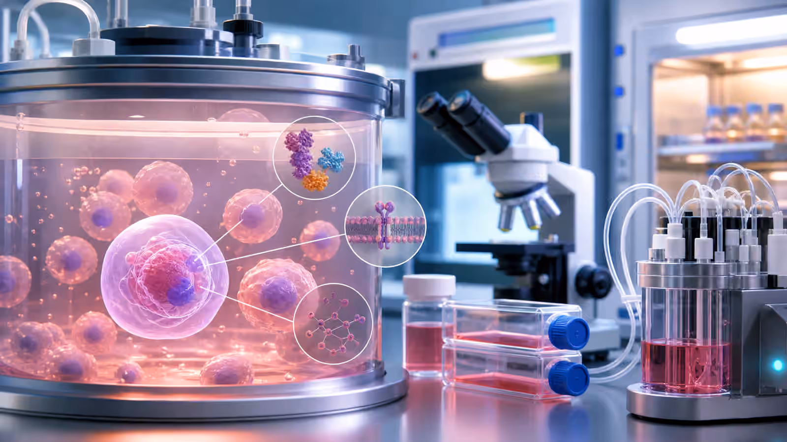 A clean mammalian cell culture bench with sealed culture flasks, a small bioreactor, a microscope, and stylized cells.